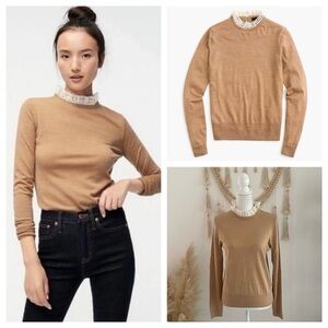 J. Crew heather tan merino wool lightweight knit sweater antique lace collar M